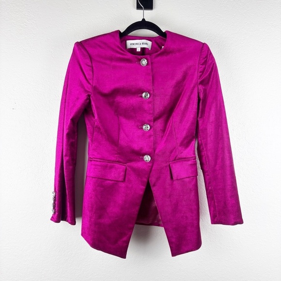 Veronica Beard Cencia Woven Satin Crystal Button Blazer Jacket Pink Size 8 - Picture 2 of 6